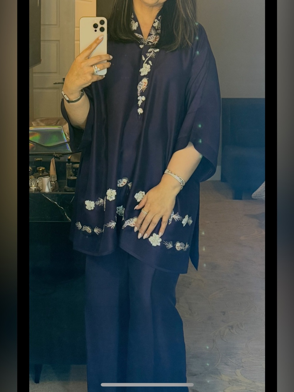 Women's Navy Floral Embroidered Tunic Top